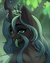 Size: 2400x3000 | Tagged: source needed, safe, artist:kuroran, queen chrysalis, changeling, changeling queen, anthro, rcf community, bust, female, heart eyes, lidded eyes, solo, tongue out, wingding eyes