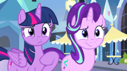Size: 960x540 | Tagged: safe, screencap, starlight glimmer, twilight sparkle, alicorn, pony, unicorn, g4, the times they are a changeling, animated, confused, crystal empire, cutie mark, duo, female, frown, hoof on chest, looking at each other, mare, pointing, raised eyebrow, raised hoof, twilight sparkle (alicorn)