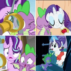 Size: 1080x1080 | Tagged: safe, edit, edited screencap, screencap, cookie crumbles, rarity, spike, starlight glimmer, dragon, pony, a matter of principals, g4, secret of my excess, the crystal empire, cute, door, eyes closed, female, fire ruby, gem, hands on head, male, mare, open mouth, ruby, scared, ship:sparity, shipping, smiling, sombra eyes, spikelove, straight, telescope, winged spike, wings