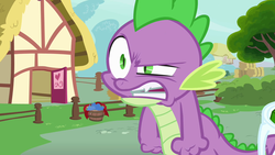 Size: 1280x720 | Tagged: safe, screencap, spike, dragon, g4, just for sidekicks, angry, bucket, faic, fangs, fist, hay, house, male, open door, ponyville, solo, teeth, tree