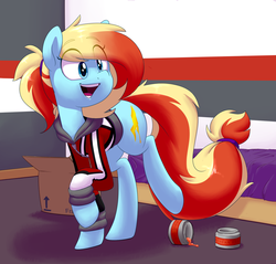 Size: 1425x1362 | Tagged: safe, artist:victoreach, oc, oc only, oc:honey wound, earth pony, pony, bed, box, clothes, dye, dyed mane, dyed tail, female, happy, mare, open mouth, raised hoof, red mane, room, soft shading, solo