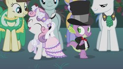 Size: 1280x720 | Tagged: safe, screencap, bruce mane, cloud kicker, fine line, maxie, orion, shooting star (character), spike, sweetie belle, dragon, pony, a canterlot wedding, g4, bowtie, clothes, cute, dancing, dress, female, filly, flower, flower filly, flower girl dress, flower in hair, hat, mare, shipping fuel, suit, top hat, tuxedo