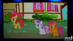 Size: 1920x1080 | Tagged: safe, screencap, apple bloom, scootaloo, sweetie belle, oc, oc:canni soda, earth pony, pegasus, pony, unicorn, galacon, galacon 2019, g4, the one where pinkie pie knows, cutie mark, cutie mark crusaders, female, filly, foal, livestream, ponyville, the cmc's cutie marks, youtube link