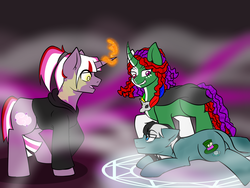 Size: 3200x2400 | Tagged: safe, artist:jolliapplegirl, oc, oc:crossroads, oc:hazy sky, oc:witch doctor, pony, unicorn, adopted offspring, broken horn, cloak, clothes, female, heterochromia, high res, hoodie, horn, male, mare, next generation, parent:tempest shadow, parent:twilight sparkle, scar, skull, stallion, story included
