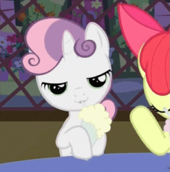 Size: 533x540 | Tagged: safe, screencap, apple bloom, sweetie belle, earth pony, pony, unicorn, g4, one bad apple, adorable face, animated, babs seed song, bow, cute, dancing, diasweetes, female, filly, flailing, gif, milkshake, slow motion, straw, sugarcube corner