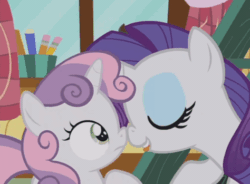 Size: 474x349 | Tagged: safe, screencap, rarity, sweetie belle, pony, unicorn, forever filly, g4, animated, boop, clubhouse, crusaders clubhouse, excited, female, filly, happy, hoof on chest, mare, noseboop, pencil, pointing