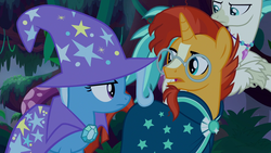 Size: 1920x1080 | Tagged: safe, screencap, sunburst, terramar, trixie, classical hippogriff, hippogriff, pony, g4, student counsel, cape, clothes, female, hat, male, mare, stallion, trixie's cape, trixie's hat