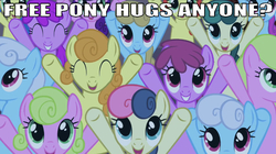 Size: 639x358 | Tagged: safe, edit, edited screencap, editor:undeadponysoldier, screencap, berry punch, berryshine, bon bon, carrot top, daisy, flower wishes, golden harvest, linky, shoeshine, strawberry sunrise, sweetie drops, earth pony, pony, g4, hearth's warming eve (episode), adaisable, adorable face, adorabon, berrybetes, bronybait, caption, cute, cutie top, eyes closed, female, free hugs, happy, hooves up, image macro, looking at you, mare, meme, open mouth, smiling, strawwberry sunrise, talking to viewer, text