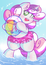 Size: 2480x3508 | Tagged: safe, artist:patoriotto, sweetie belle, pony, g4, beach ball, bipedal, clothes, cute, diasweetes, ear fluff, female, heart, high res, ocean, one eye closed, open mouth, solo, swimsuit, water