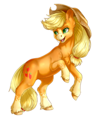 Size: 2424x3000 | Tagged: safe, artist:gaelledragons, applejack, earth pony, pony, g4, cowboy hat, female, hat, high res, mare, rearing, simple background, smiling, solo, stetson, transparent background, unshorn fetlocks, white outline