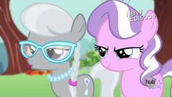 Size: 1280x720 | Tagged: safe, screencap, diamond tiara, silver spoon, earth pony, pony, flight to the finish, g4, bedroom eyes, female, filly, glasses, hub logo, jewelry, necklace, new episode, pearl necklace, tiara