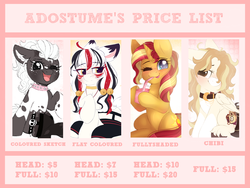 Size: 4000x3000 | Tagged: safe, artist:adostume, sunset shimmer, oc, pony, g4, advertisement, commission, commission info, price list, price sheet, prices