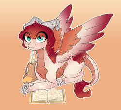 Size: 1280x1164 | Tagged: safe, artist:redruin01, oc, oc only, oc:eri rebecula, dracaven, dragon, original species, book, claws, feather, green eyes, horn, large wings, red hair, solo, tail, wings