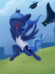 Size: 1381x1853 | Tagged: safe, artist:dusthiel, princess luna, pony, g4, bipedal, camisole, clothes, cute, eyes closed, female, graduation cap, hat, lunabetes, mare, open mouth, panties, running, smiling, solo, underwear, undressing, white underwear