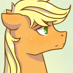 Size: 768x768 | Tagged: safe, artist:turn-silence, applejack, earth pony, pony, g4, bust, female, floppy ears, freckles, hatless, mare, missing accessory, profile, simple background, solo