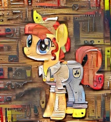 Size: 487x535 | Tagged: safe, artist:theretroart88, edit, torque wrench, earth pony, pony, g4, rainbow roadtrip, clothes, dreamscope edit, female, mare, overalls, pun, solo, tools, visual pun
