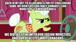 Size: 600x337 | Tagged: safe, edit, edited screencap, screencap, granny smith, earth pony, pony, g4, where the apple lies, back in my day, caption, female, image macro, mare, memeful.com, solo, text, yu-gi-oh!