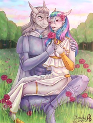 Size: 1644x2160 | Tagged: artist needed, source needed, safe, princess celestia, oc, oc:light knight, argonian, anthro, armor, blushing, canon x oc, clothes, dress, eye contact, flower, lightestia, looking at each other, male, one eye closed, outdoors, shipping, side slit, sitting, species swap, the elder scrolls, tongue out, total sideslit, wink