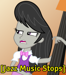 Size: 1786x2008 | Tagged: safe, artist:mr-breadman, derpibooru exclusive, octavia melody, equestria girls, g4, bowtie, caption, cello, female, image macro, jazz music stops, meme, musical instrument, reaction image, show accurate, solo, text, vector
