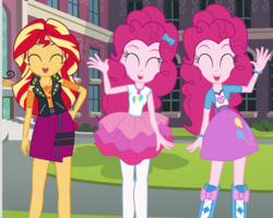Size: 1344x1076 | Tagged: safe, artist:mlp-silver-quill, pinkie pie, sunset shimmer, comic:pinkie pie says goodnight, equestria girls, equestria girls series, g4, cropped, cute, diapinkes, duality, eyes closed, geode of empathy, geode of sugar bombs, magical geodes, self paradox, shimmerbetes, trio, waving