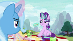 Size: 1920x1080 | Tagged: safe, screencap, starlight glimmer, trixie, pony, unicorn, g4, student counsel, animated, blinking, cute, eating, female, food, glimmerbetes, mare, open mouth, picnic blanket, puffy cheeks, raised hoof, sandwich, sitting, smiling, sound, webm