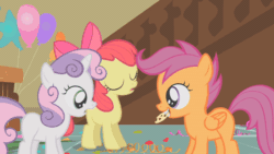 Size: 1280x720 | Tagged: safe, screencap, apple bloom, scootaloo, sweetie belle, earth pony, pegasus, pony, unicorn, call of the cutie, g4, animated, balloon, cookie, cutie mark crusaders, epic fail, fail, female, food, mare, sugarcube corner