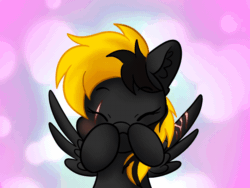 Size: 800x600 | Tagged: safe, artist:zobaloba, oc, oc:shade demonshy, pegasus, pony, animated, commission, cute, frame by frame, gif, heart, heterochromia, kissing, lineart, love, scar, soft shading, solo, ych example, ych result