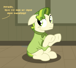 Size: 2792x2500 | Tagged: safe, artist:peternators, butternut, pistachio, earth pony, pony, g4, clothes, crossdressing, dress, floppy ears, freckles, high res, male, offscreen character, solo, stallion, sweet apple acres, teenager, text