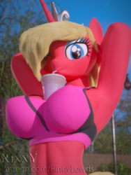 Size: 1445x1920 | Tagged: safe, artist:rinny, oc, oc only, oc:scarlet rose, anthro, 3d, abs, armpits, blender, busty scarlet rose, clothes, female, han, hands-free bubble tea challenge, looking at you, midriff, one eye closed, pink bra, pink underwear, ponytail, solo, sports bra, underwear, unicorn oc, wink