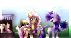 Size: 1769x946 | Tagged: safe, artist:mercyofkind, fluttershy, rarity, pegasus, pony, unicorn, g4, blurry background, bouquet, cheek fluff, chest fluff, colored hooves, duo, duo focus, ear fluff, female, flower, folded wings, hoof hold, looking at each other, mare, market, missing cutie mark, open mouth, outdoors, smiling, standing, wings