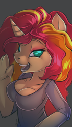 Size: 1080x1920 | Tagged: safe, artist:noben, oc, oc only, oc:summer solstice, unicorn, anthro, anthro oc, breasts, cleavage, clothes, commission, female, looking at you, magical lesbian spawn, offspring, parent:adagio dazzle, parent:sunset shimmer, parents:sunsagio, shirt, simple background, smiling, solo, unicorn oc, waving