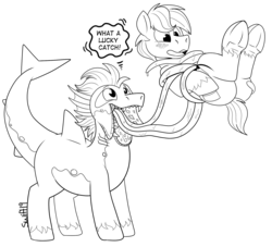 Size: 1743x1583 | Tagged: safe, artist:swiftsketchpone, oc, oc only, oc:jezu, oc:swift sketch, hybrid, monster pony, original species, shark pony, tatzlpony, male, monochrome, stallion, tentacle tongue, tentacles