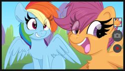 Size: 1280x720 | Tagged: safe, artist:lbrcloud, rainbow dash, scootaloo, pegasus, pony, g4, chest fluff, cute, cutealoo, dashabetes, duo, eye clipping through hair, female, filly, foal, grin, mare, open mouth, open smile, phone, scootalove, selfie, sitting, smiling, spread wings, wings