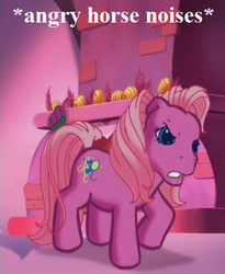 Size: 378x462 | Tagged: safe, edit, edited screencap, editor:korora, screencap, pinkie pie (g3), a very minty christmas, g3, angry, angry horse noises, cropped, fireplace, horse noises, horses doing horse things, pinkie pie is not amused, reaction image, stamping hoof, text, unamused