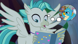 Size: 1920x1080 | Tagged: safe, edit, edited screencap, screencap, gallus, terramar, classical hippogriff, hippogriff, a rockhoof and a hard place, g4, student counsel, book, diary, duo, implied gallstream, implied silverstream, implied straight, male, shipping