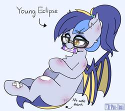 Size: 1170x1041 | Tagged: safe, artist:puetsua, oc, oc only, oc:eclipse lim, bat pony, pony, bat pony oc, blank flank, bruised, fangs, female, glasses, mouth hold, ointment, ponytail, solo, younger
