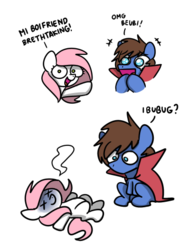 Size: 382x497 | Tagged: safe, artist:sugar morning, oc, oc only, oc:bizarre song, oc:sugar morning, pony, blue face, bust, cape, chibi, clothes, comic, couple, dead, death, doodle, female, giving up the ghost, i'm baby, lying down, male, mare, misspelling, pointing, portrait, simple background, sitting, stallion, straight, sugarre, teary eyes, text, white background, x eyes