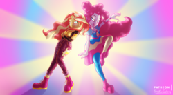 Size: 3080x1705 | Tagged: safe, artist:shad0w-galaxy, pinkie pie, sunset shimmer, equestria girls, equestria girls series, g4, sunset's backstage pass!, spoiler:eqg series (season 2), clothes, female, geode of sugar bombs, high res, lesbian, magical geodes, patreon, screenshot redraw, ship:sunsetpie, shipping, shoes, sneakers