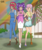 Size: 2401x2891 | Tagged: safe, artist:banquo0, kerfuffle, petunia petals, torque wrench, human, g4, my little pony: rainbow roadtrip, absolute cleavage, amputee, boots, breasts, busty kerfuffle, cleavage, clothes, cute, dark skin, dress, female, heart hands, high res, humanized, miniskirt, overalls, peace sign, pigtails, prosthetic leg, prosthetic limb, prosthetics, shoes, skirt, trio, trio female