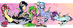 Size: 1498x575 | Tagged: safe, artist:bonpikabon, indigo zap, lemon zest, sour sweet, sugarcoat, sunny flare, bat pony, changeling, earth pony, pegasus, pony, unicorn, g4, arm behind back, bat ponified, bondage, boots, changelingified, clothes, commission, crystal prep shadowbolts, discarded clothing, disguise, disguised changeling, ear piercing, earring, equestria girls ponified, erotic tickling, eyebrow piercing, eyeshadow, female, femsub, fetish, glasses, goggles, headphones, hoodie, hoof fetish, hoof tickling, jewelry, jumpsuit, laughing, makeup, mare, nose piercing, one eye closed, open mouth, panties, piercing, ponified, ponytail, race swap, shadow five, shadowbolts, shoes, skirt, snake bites, socks, species swap, spreader bar, stockings, striped socks, striped underwear, submissive, sweater, tattoo, thigh highs, tickle fetish, tickle torture, tickling, underwear, wall of tags