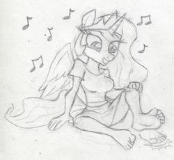 Size: 883x811 | Tagged: safe, artist:dertikleen, princess celestia, anthro, g4, barefoot, feet, female, fetish, foot fetish, foot tapping, monochrome, music notes, sitting, solo, tapping, traditional art