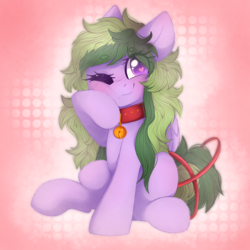 Size: 1882x1882 | Tagged: safe, artist:adostume, oc, oc only, oc:toxiberry, pegasus, pony, bell, blushing, collar, cute, female, fluffy, fluffy mane, long mane, mare, one eye closed, pegasus oc, simple background, sitting, smiling, solo, wink