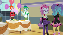 Size: 1280x720 | Tagged: safe, screencap, captain planet, heath burns, pixel pizazz, violet blurr, equestria girls, g4, my little pony equestria girls: friendship games, background human, balloon, cheese, female, food, male