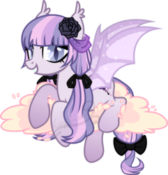 Size: 4231x4396 | Tagged: safe, artist:kojibiose, oc, oc only, oc:lavender rose, bat pony, pony, g4, absurd resolution, bat pony oc, cloud, female, flower, flower in hair, lying on a cloud, mare, on a cloud, prone, simple background, solo, transparent background, vector
