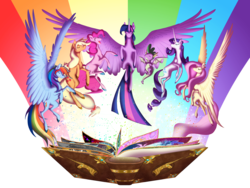 Size: 1920x1440 | Tagged: safe, artist:grievousfan, applejack, fluttershy, pinkie pie, rainbow dash, rarity, spike, twilight sparkle, alicorn, dragon, earth pony, pegasus, pony, unicorn, bronycon, g4, book, colored hooves, eyes closed, female, large wings, male, mane seven, mane six, mare, print, simple background, spread wings, transparent background, twilight sparkle (alicorn), winged spike, wings