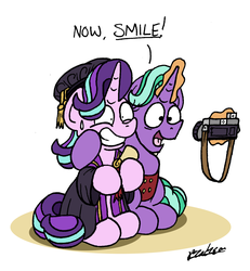 Size: 1409x1527 | Tagged: safe, artist:bobthedalek, firelight, starlight glimmer, pony, unicorn, g4, atg 2019, camera, clothes, father and daughter, fathers gonna father, female, forced smile, glowing horn, graduation, hat, horn, magic, male, mare, newbie artist training grounds, scroll, smiling, stallion, telekinesis, tudor cap