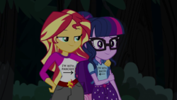 Size: 1280x720 | Tagged: safe, edit, edited screencap, screencap, sci-twi, sunset shimmer, twilight sparkle, equestria girls, g4, my little pony equestria girls: legend of everfree, backpack, bacon hair, bacon horse, clothes, duo, female, forest, glasses, i'm pancake, i'm with stupid, lesbian, lidded eyes, scenery, ship:sci-twishimmer, ship:sunsetsparkle, shipping, shirt, shorts, t-shirt, text on clothing, text on shirt