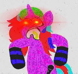 Size: 720x684 | Tagged: artist needed, source needed, safe, oc, oc only, pony, unicorn, :d, clothes, deep fried meme, female, glowing eyes, glowing eyes meme, horn, mare, meme, microphone, open mouth, rainbow hair, socks, solo, striped socks, unicorn oc
