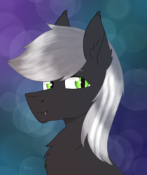 Size: 1288x1535 | Tagged: safe, artist:dyonys, derpibooru exclusive, oc, oc:angelus, bat pony, pony, abstract background, bust, fangs, fluffy, slit pupils