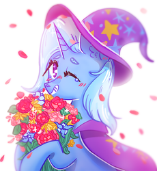 Size: 700x762 | Tagged: safe, artist:rednineuwu, trixie, pony, unicorn, g4, blushing, bouquet, cape, clothes, crying, cute, diatrixes, ear fluff, female, flower, happy, hat, mare, one eye closed, petals, smiling, solo, tears of joy, trixie's cape, trixie's hat